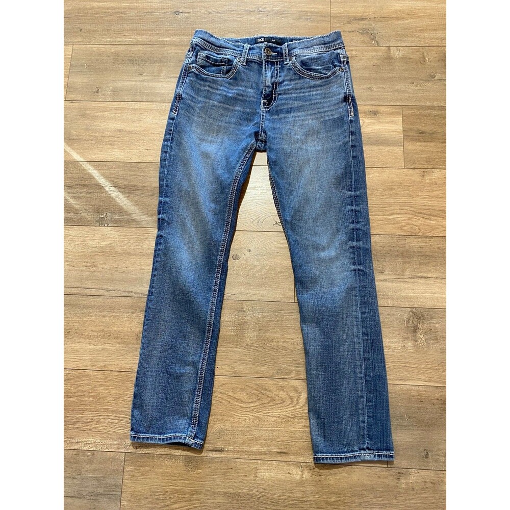 BKE Buckle Alec Tapered Mens 29X30 Thick Stitch Whiskers Blue Denim Slim Jeans